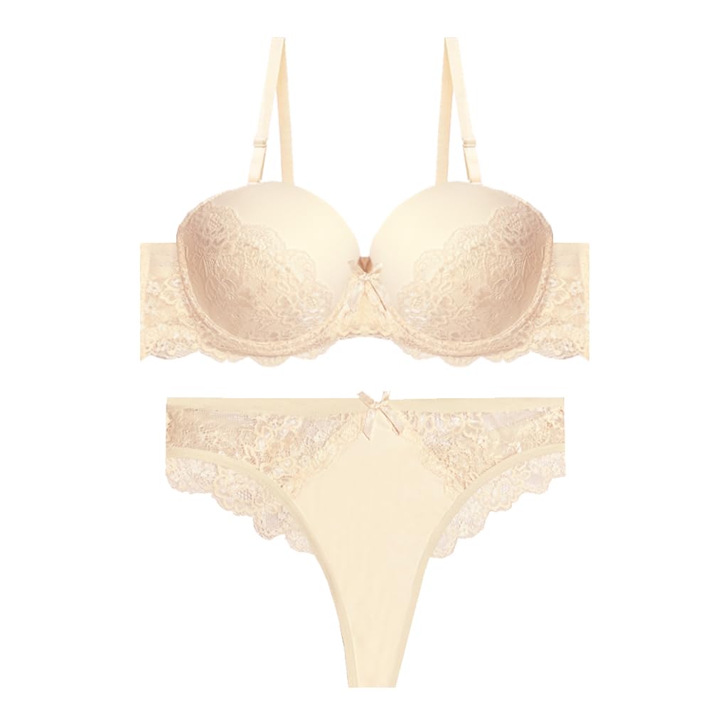secret lives Padded Push Up Bra Panty Cream Lingerie Set for Women 32B-picture-48