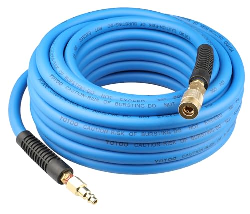 YOTOO Air Hose 3/8 in x 50 ft, Heavy Duty Hybrid Air Compressor Hose, Flexible, Lightweight, Kink Resistant with 1/4' Industrial Quick Coupler Fittings, Bend Restrictors, Blue