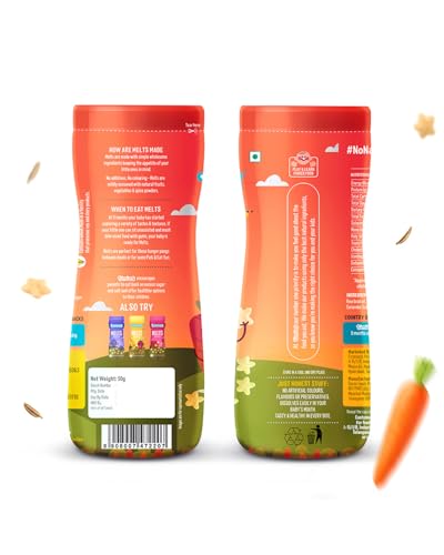 Image of Timios Melts Wholegrain Teething Puffs - Carrot & Cumin, Preservative‑Free, No Maida, Non-Fried, Iron & Fiber-Rich, Travel‑Friendly Snack, Healthy Snacks for Kids, 2x50 g