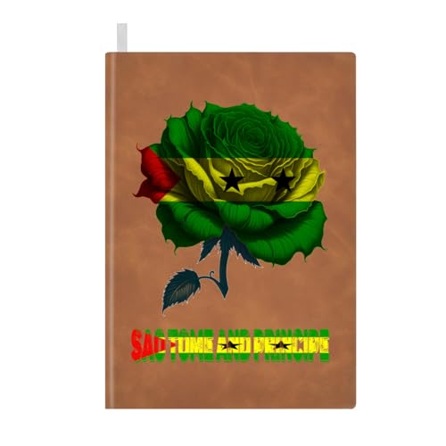 Leather Notebook for Men Women Vintage Sao Tome and Principe Flag Rose Flower Notepad Lined 100 Pages A5 Ruled Sketchbook Journal for Drawing Writing Note Taking Travel Diary for Business Work College