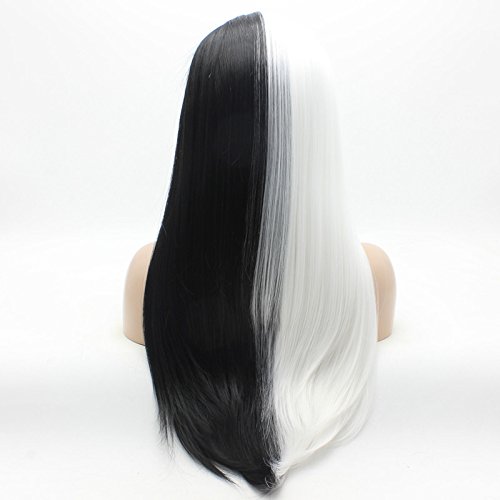 Lushy Hair Lace Front Synthetic Wigs Straight Long 24inch Half White Half Black Mix Heavy Density Heat Resistant Realistic Cosplay Wigs