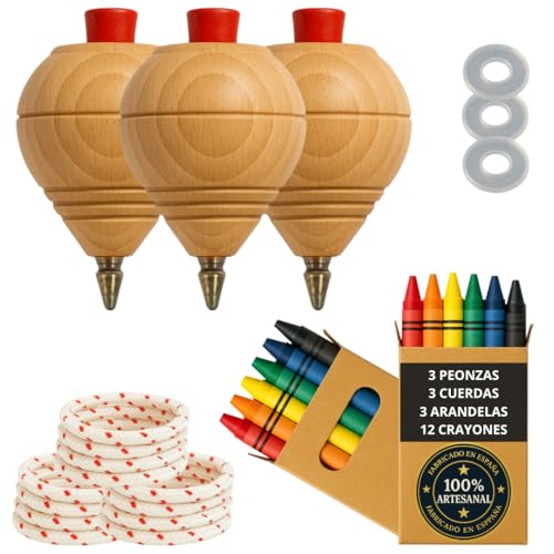Peonza Madera para Niños Pack 3 Trompos + 12 Ceras de Colores + 3 Arandelas | Hecho a Mano en España con Punta Bolígrafo.