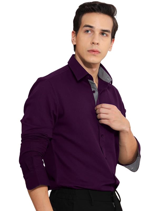 Cotton Men's Shirt l Soild Casual Shirt l Long Sleeve Office Wear Shirt l Spread Collar Regular Fit Shirt Purple-image-0