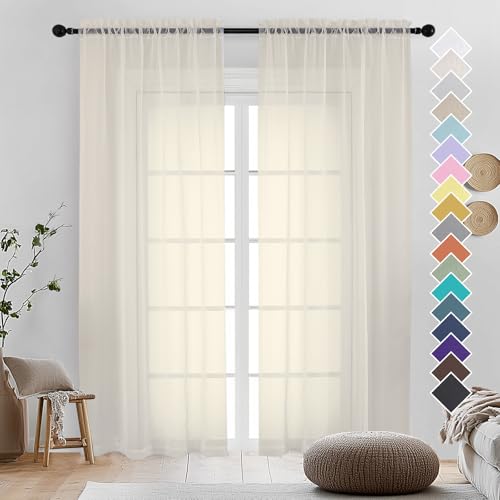 Image of OVZME Cream Sheer Curtains 90 Inches Long 2 Panels - Soft Light Filtering Window Sheer Panels for Living Room /Bedroom, Top Dual Rod Pocket, 1 Pair, Each 42Wx90L Inches