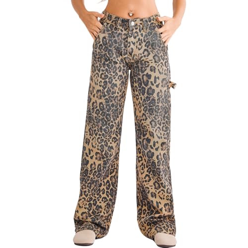 Women's Straight Leg Jeans Casual Low Waisted Leopard Print Pants for Women Trendy Pull on Jeans Wide Leg Trousers Jeans