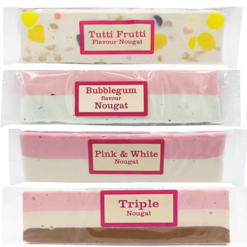 Nougat Lovers - Fun & Fruity | 4-Pack of 130g Nougat Bars | Bubblegum Tutti Frutti Pink & White and Triple Flavour | Soft & Chewy Gourmet Treat
