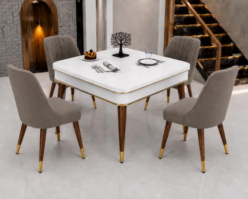 Image of WOODEN SPACE 4 Seater Wooden Dining Table Set | Urban Marble Top Dining Table with Chairs for Dining Room & Kitchen (Modern Frontline Brown) (42 x 42 x 30 inch)