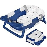 TPN Collapsible Baby Bathtub, Baby Bath Tub with Soft Cushion & Real-Time Thermometer, Baby Bathtub Infant to Toddler Tub (0-36 Months), Portable Travel Baby Tubs for Newborns (Navy Blue)