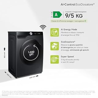 Samsung Lavasciuga Slim AI Control EcoDosatore WD90DG6G94BB, 9+5 kg, Wifi, Ecodosatore, AI Wash, Carica Frontale, 60L x 85H x 48P cm