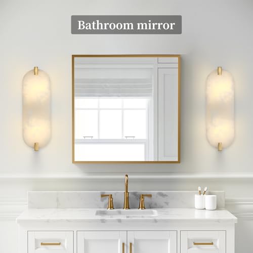 Image of 15.7 inch Natural Oval Alabaster Marble Modern Concise 2 Pack 2 Light Wall Sconce Fixture,Gold Finish for Bathroom Bedroom Hallway Bedside Staircase Vanity Mirror