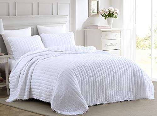 Chezmoi Collection Iris 3-Piece White Pom Pom Quilt Set - Ball Fringe Channel Stitch Quilted Bedspread, Washed Microfiber Coverlet, Queen Size