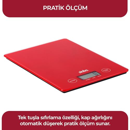 Sinbo SKS - 4526 Dijital Hassas Mutfak Tartısı – LED Göstergeli Terazi - Cam Gövdeli, Gram Ölçüm Tartı (Kırmızı)