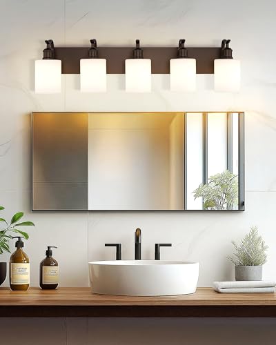 Image of 5 Light Bathroom Vanity Light, Morden Vanity Lighting Fixtures Over Mirror Oil Rubbed Bronze Bathroom Wall Sconce with Milky White Frosted Shade ZCVL01ORBW-5