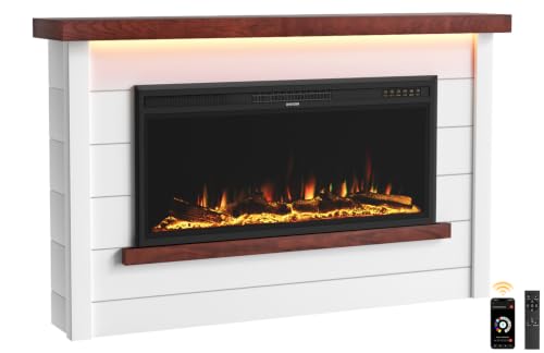 Nexfurn 60" Electric Fireplace with Mantel, Fireplace TV Stand with 42”Electric Fireplace Heater, Shiplap-Style Surround with Multi-Colors Effects for Living Room Bedroom