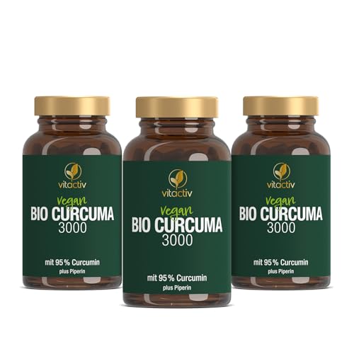 VITACTIV Bio Curcuma 3000 im 3er Pack - Kurkuma hochdosiert - Curcuma Extrakt mit 95% Curcumin - Piperin für hohe Bioverfügbarkeit - Ohne Magnesiumstearat, Vegan - 180 Curcuma Kapseln für 180 Tage