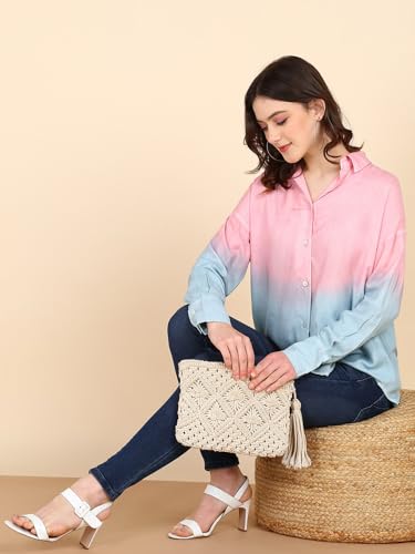 Image of Maaesa - Women Handcrafted Ombre Tie & Dye Rayon Shirt | Casual & Office Wear | Oversized Fit | Long Sleeve | Breathable & Lightweight Fabric