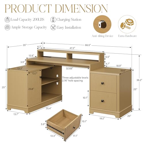 Image of 67 inch L Shaped Executive Desk with Drawers & Storage Shelf, Corner Computer Desk with Power Outlets, Home Office Desk with Monitor Stand, Printer Shelf, Computer Writing Desk for Work, Oak
