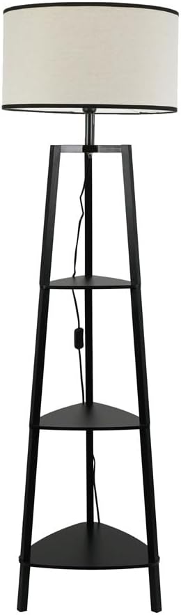ValueLights | Matt Black Wooden 3 Tier Shelf Floor Lamp with Black Trim Drum Shade Living Room Lounge Light | Floor Lamps, Home D cor & Improvement Essential | Included LED Bulb [Energy Class F]