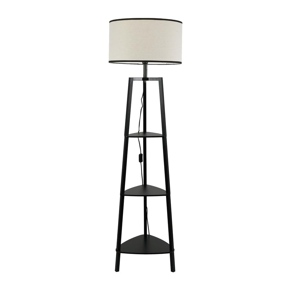 ValueLights | Matt Black Wooden 3 Tier Shelf Floor Lamp with Black Trim Drum Shade Living Room Lounge Light | Floor Lamps, Home Décor & Improvement Essential | Included LED Bulb
