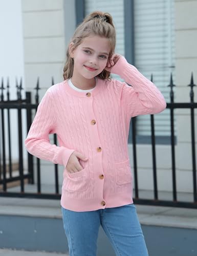 Girls Cardigan Long Sleeve Button Front Sweater Toddler Kids Knit School Uniforms Sweaters with Pockets 3-12 Years
