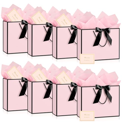 Image of JMANNI Gift Bags with Handles, 13 inch Medium Gift Bag for Presents, 8 Pcs Bags with 16 Tissue Paper and 8 Cards for Baby Shower Wedding Bridal Shower Mother's Day Birthday Party (pink black)