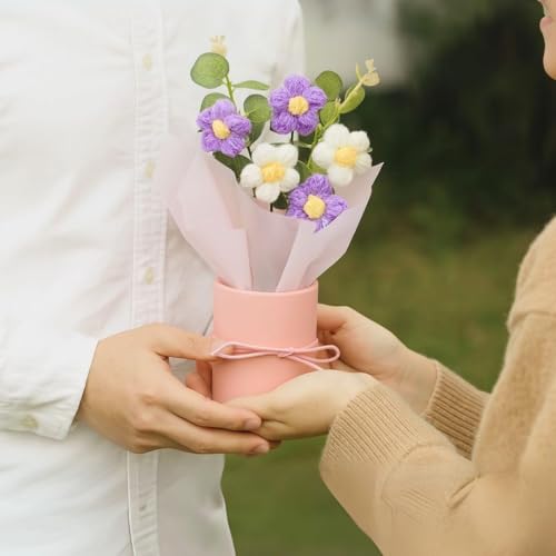 Image of Artificial Crochet Flower Bouquet Handmade Cotton Flowers Bunch for Home Decor, Gift for Girls, Wedding, Festival Decoration, Long Lasting Floral Arrangement (Flower Pot (Purple))