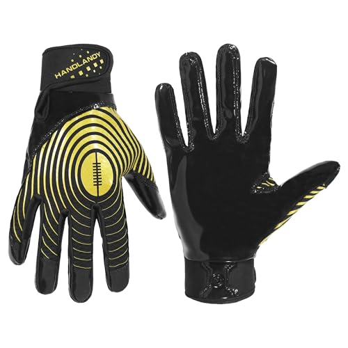 HANDLANDY Youth Football Gloves, Kids Sticky Receiver Gloves,Super Grip Football Glove Best Gift for Boys,Girls X-Large-Adult Black and Amber