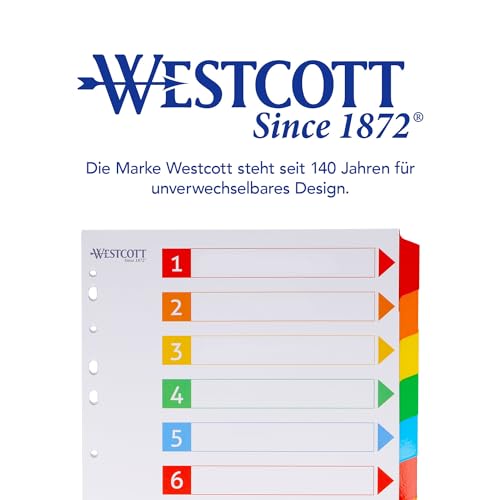 Westcott Register für Ordner A4 | Trennblätter für Din A4 Ordner | 10 beschriftbare Tabs in 5 Farben als Ordner Organizer | Robuste 160g/m² mit Eurolochung | E-1733311 00