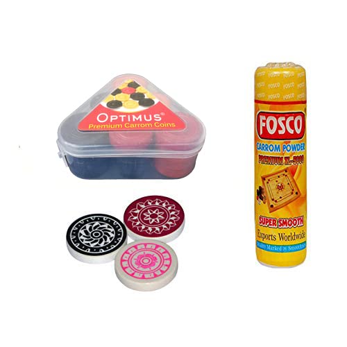 OPTIMUSPremium Carrom Combo H - 250 gm Disco Carrom Powder 1 Set Wooden Carrom-Men Coins & 3 Acrylic Strikers