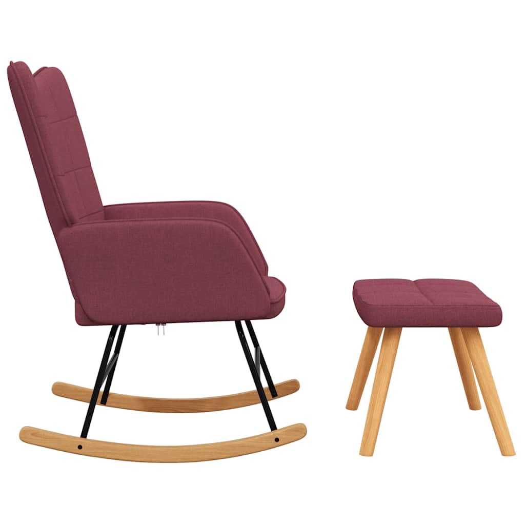 Silla mecedora con taburete de tela color burdeos, acolchada, silla de relax con reposabrazos y estructura de madera para salón, dormitorio, habitación de bebé, ergonómica para relajarse y