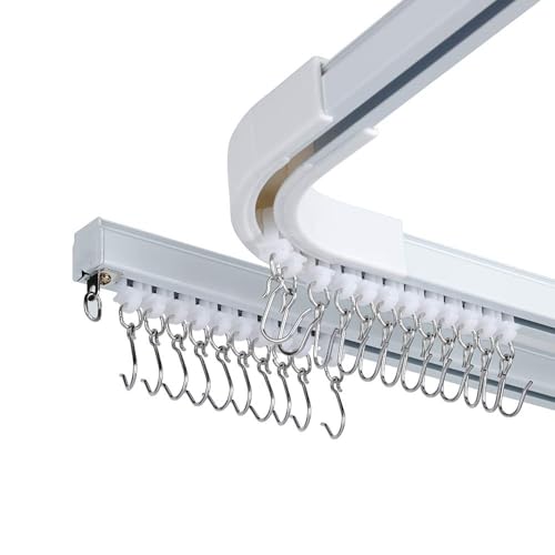 SOLOKOS Room Divider Ceiling Track Set for Curtains with Hooks, Corner Connectors(Set of 2) and top Brackets Curtain Rail System (12-18 ft Track Set) White