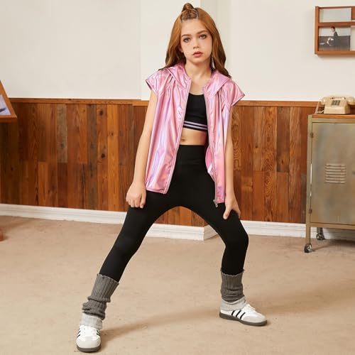 Image of Jxstar Girls Metallic Hoodie Vest Kids Shiny Zip Up Outfit Sleeveless Disco Shirt with Pocket