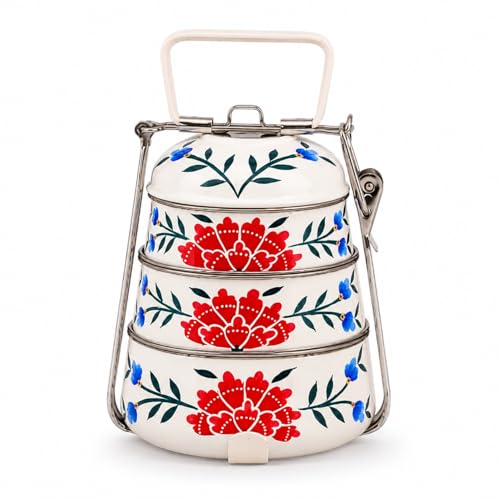Image of iHandikart Handpainted Decorative Lunch Box Tiffin | Multiple Tier Stainless Steel Food Box | Designer Indian Print Tiffin for School | Diwali Gift, Navratri Gift (Color - Multicolor)