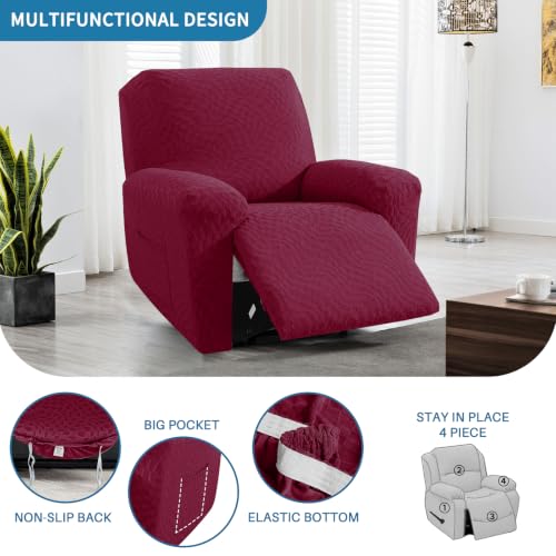 Image of 2026 Stretch Recliner Cover 4-Piece (24 inch-37 inch) Super Soft Recliner Chair Covers with Big Pocket & Anti Slip Ties Stay in Place, Lazy Boy Reclining Slipcover Easy to Put on off Washable, Wine Red