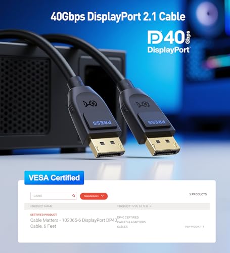 Cable Matters Certyfikat VESA: Kabel DisplayPort 2.1 2 m, obsługuje 40 Gb/s DP40 8K 120Hz, 4K 144Hz w kolorze czarnym z FreeSync, G-SYNC i HDR do monitora do gier, PC, RTX 4080/4090, RX 7900 i innych