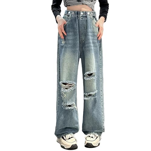 Girls Ripped Jeans Baggy Button Straight Leg Denim Pants Elastic Waist Trousers Trendy Casual Streetwear with Pockets