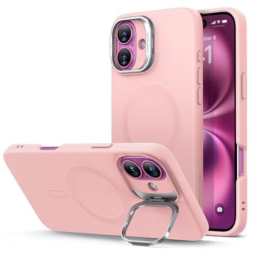 Image of ESR for iPhone 16 Plus Case, Silicone Case with Stand, Compatible with MagSafe, Built-in Camera Stash Stand, Magnetic Phone Case for iPhone 16 Pro Max, Cloud Series, Pink