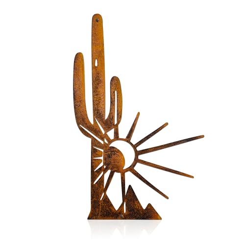 Metal Cactus Wall Decor And Yard Art, Desert Patio Garden Decor, Rustic Desert Saguaro Sunset Art, Southwest And Western Outdoor Decor For Home Living Room Outdoor