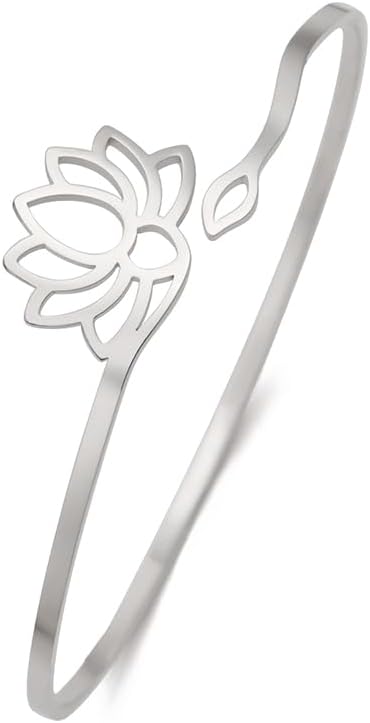 Dreamtimes Lotus Flower Bracelet for Women Encouragement Lotus Flower Adjustable Bracelet Vintage Jewelry Buddha Yoga Bracelet Stainless Steel Cuff Bangle