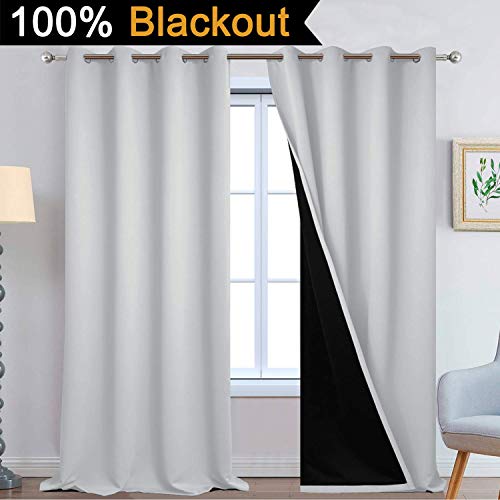 Image of Yakamok 100% Blackout Curtains 108 Inches Long, 2 Thick Layers Thermal Insulated Curtain Panels for Bedroom, Full Light Blocking Drapes with Black Liner (52 inch Wide Each Panel, Light Grey, 2 Panels)