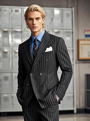 EMERAIDVLN Mens 2 Piece Suits Pinstripe Double Breasted Gomez Addams Costume Halloween Party Prom Stripe Blazer and Pants Set2