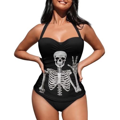 Yuuxorilu Black Skeleton One Piece Bathing Suit Women Tummy Control Swimsuits Athletic Ruched Push Up Monokini Swimwear Retro Vintage Slimming Tie Back Swimwears