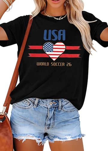 Soccer Cup 2026 Shirt for Women Country Football Shirt USA World Soccer Flag Heart Printed Short Sleeve Shirt