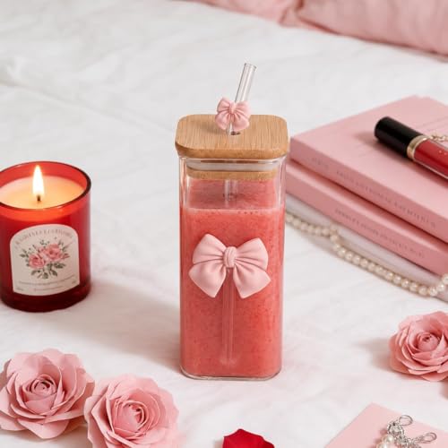 Image of FUNKYFINDS 1 Set Coquette Pink Bow Glass Cup with Bamboo Lid and Bow Straw for Women, Coquette Drinking Tumbler Bow Square Cup for Girlfriend Besties Women Bithday Gifts, Party Favors