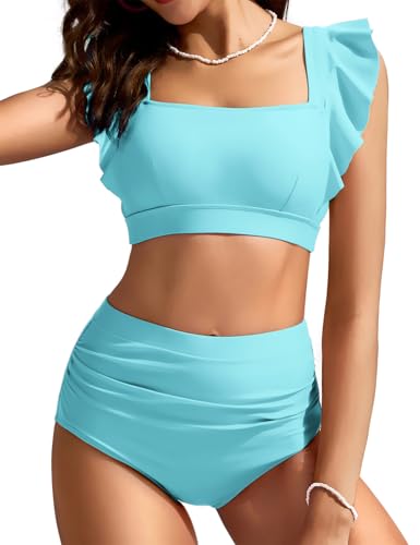 Image of Kate Kasin Womens High Waisted Bikini Sets Ruffle Tummy Control Swimsuits Full Coverage Cheeky Two Piece Bathing Suit