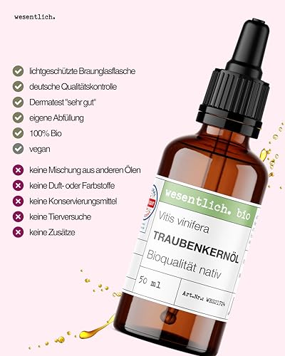 wesentlich. Traubenkernöl Bio 50ml mit Pipette | Kaltgepresst & Hautstraffend | Leichtes Öl für Gesichtspflege & Massage | 100% Natürlich