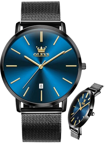Image of OLEVS Men Leather Watches Black Ultra Thin 6.5mm Minimalist Dress Fashion Simple Casual Waterproof Date Watch for Men