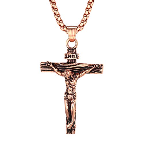 Oro Rosa Joyería Católica Cruces Jesucristo Acero Inoxidable Collar con Caja de...
