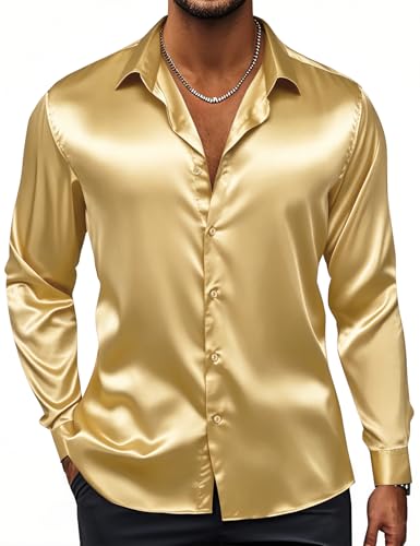 light gold dress shirt Men's Light Gold Satin Dress Shirt with Tie & Handkerchief 20.5 35/36 / Gold