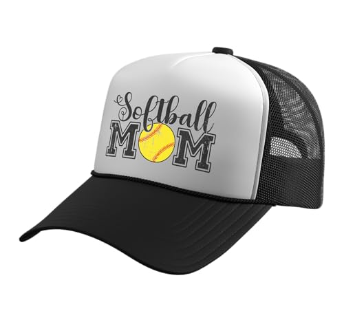 Softball Mom Softball Mama for Women Game Mothers Day Retro Trucker Hat with Adjustable Mesh Back, Black/White